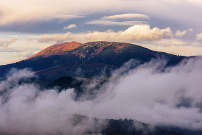 Scenic view of mountains against sky during sunset