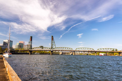 View of city at waterfront against cloudy sky