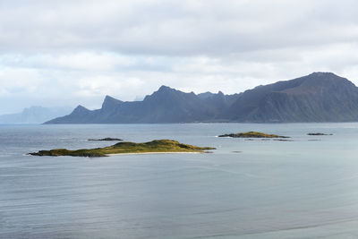 Scenic view of islands and mountains in the sea in moskenesoya lofoten norway 