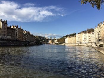 The quays of the saône seen from under the saint-vincent bridge in lyon, france