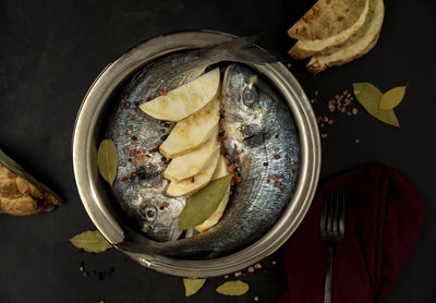 High angle view of food in bowl on table