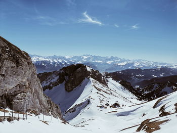 Scenic view of snow covered mountains against sky