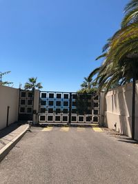 Palm trees and building against blue sky