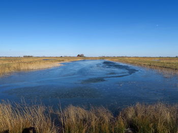 Scenic view of lake against clear blue sky