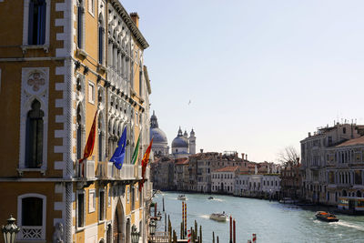 Venice, italy. grand canal, monuments, palaces, basilica della salute, perspective, soft light, boat 