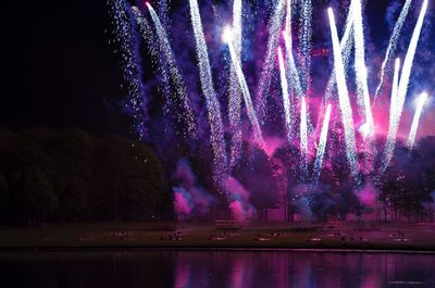 Firework display over lake against sky at night