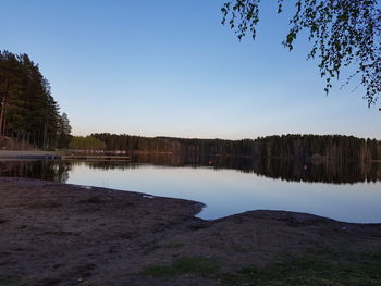 Scenic view of lake against clear blue sky