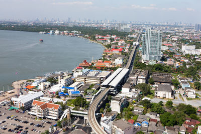 High angle view of road amidst buildings in city