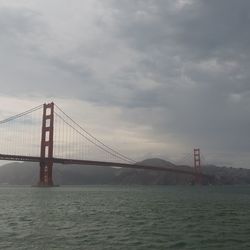 Suspension bridge over sea against cloudy sky