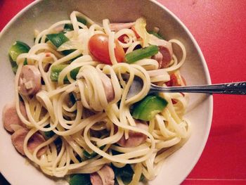 Close-up of noodles served in bowl