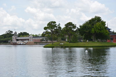 Scenic view of lake by building against sky