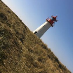 Low angle view of traditional windmill against clear sky