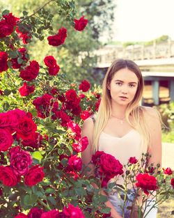 Portrait of beautiful woman with pink flowers