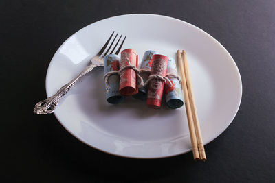 High angle view of plate on table