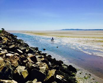 Scenic view of sea against clear blue sky