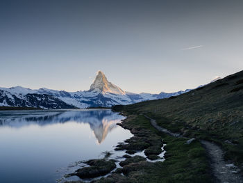 Scenic view of snowcapped mountains against clear sky