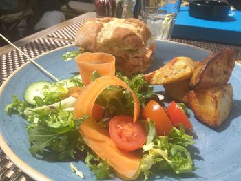 High angle view of breakfast served on table