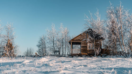 Bare trees on snow covered field against sky