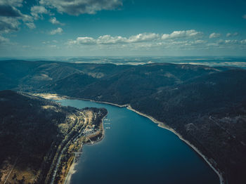 High angle view of river amidst landscape against sky