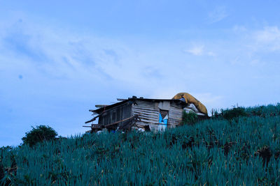 Abandoned house on field against sky