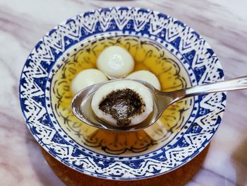High angle view of breakfast on table