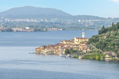 Aerial view of peschiera maraglio in the lake iseo