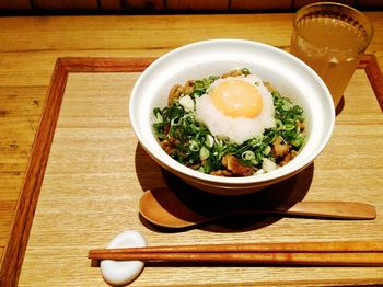 Close-up of soup served on table