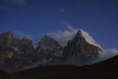 Scenic view of snowcapped mountains against sky at night