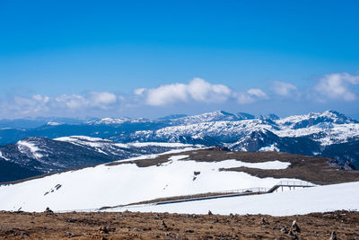 Scenic view of snowcapped mountains against sky