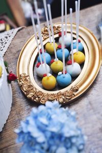 Close-up of multi colored candies on table