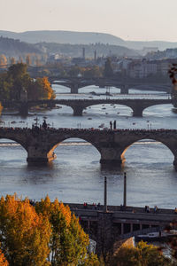 High angle view of bridges over river in city against sky