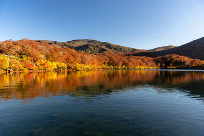 Scenic view of lake by mountain against clear sky