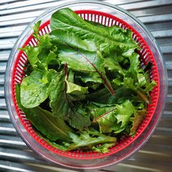 High angle view of salad in bowl on table