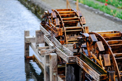 High angle view of wet water wheels in pond at watermill