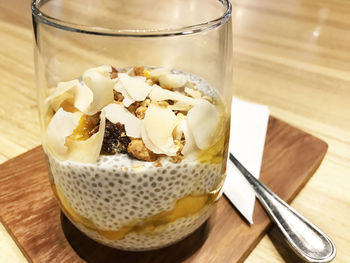 Close-up of ice cream in glass on table