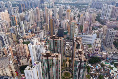 High angle view of modern buildings in city