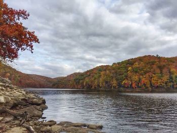 Scenic view of lake against cloudy sky