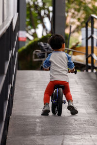 Rear view of boy riding bicycle