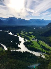 Scenic view of river and mountains against sky