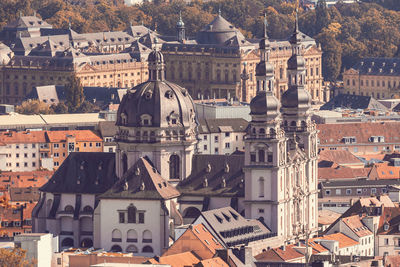 High angle view of buildings in the city of würzburg. in the center the church of stift haug