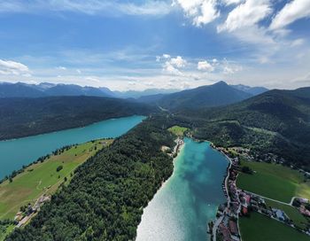 High angle view of bay against sky