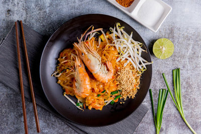 High angle view of food in plate on table