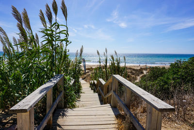 Wooden walkway leading towards sea against sky