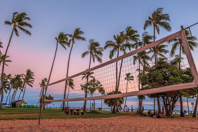 Volleyball net at beach against palm trees during sunset