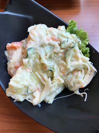 High angle view of food in plate on table