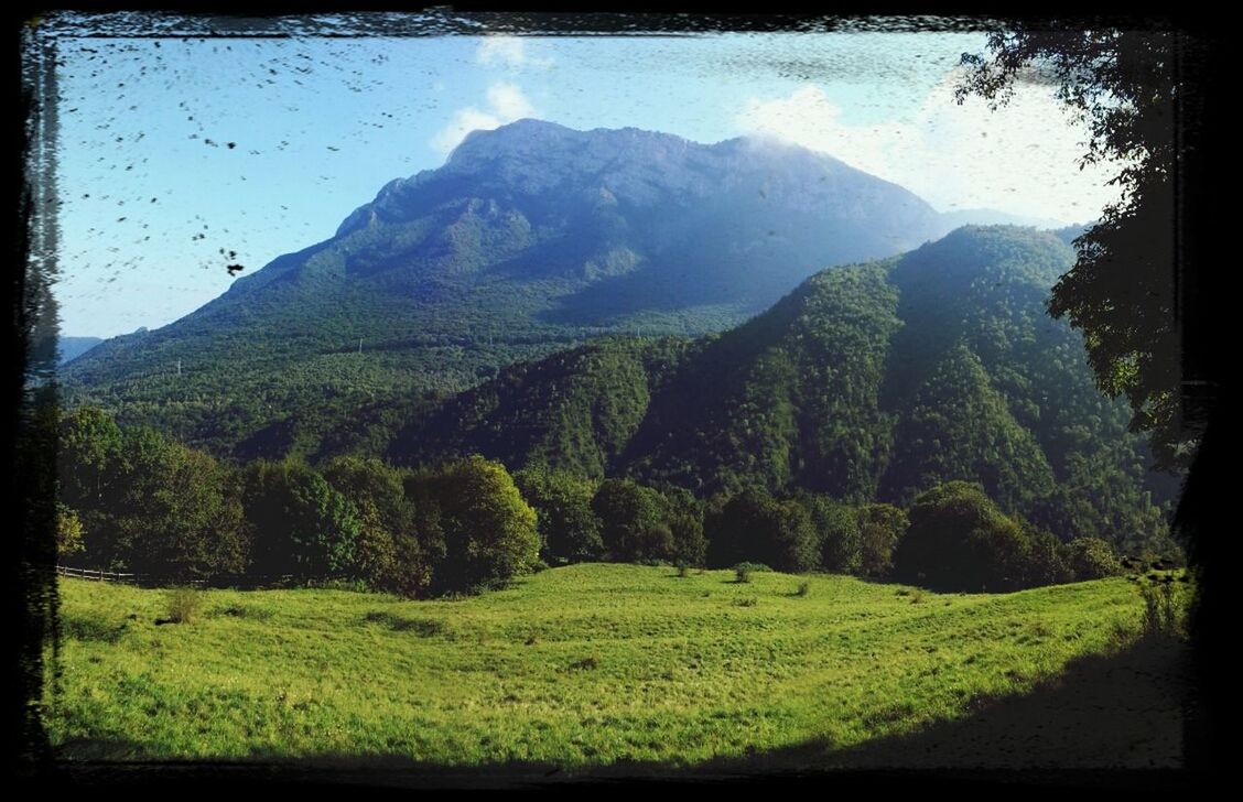 transfer print, mountain, auto post production filter, tranquil scene, mountain range, tranquility, scenics, sky, landscape, beauty in nature, green color, nature, tree, grass, non-urban scene, idyllic, cloud, cloud - sky, day, lush foliage