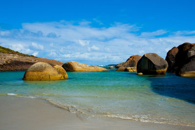 Scenic view of rocks in sea against sky