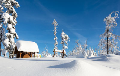 Snow covered landscape against blue sky