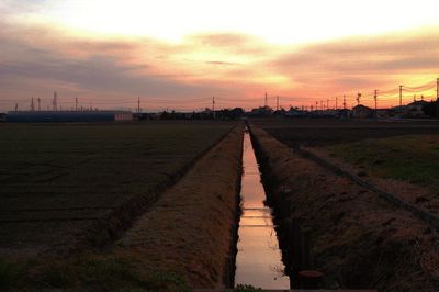 Scenic view of farm against sky during sunset