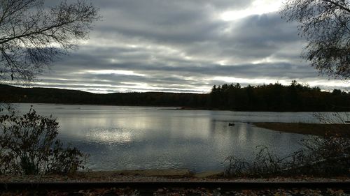 Scenic view of lake against cloudy sky